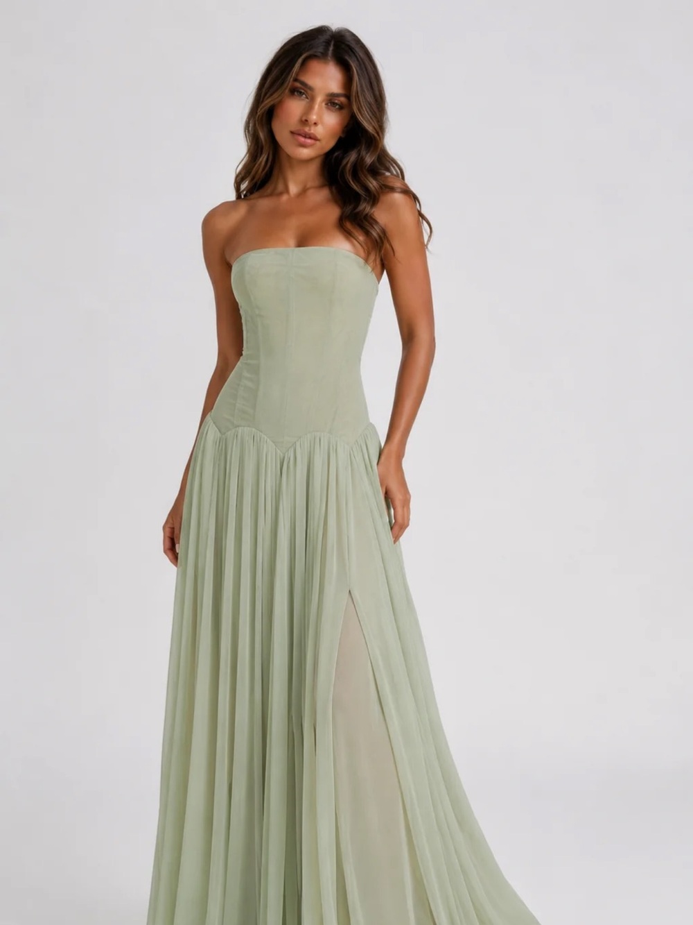 ATISSE Strapless Sage Green Pleated Evening Gown